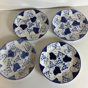 Poole Pottery Hand Painted Blue White Grapes and Leaves Ceramic Plates Set Of 4